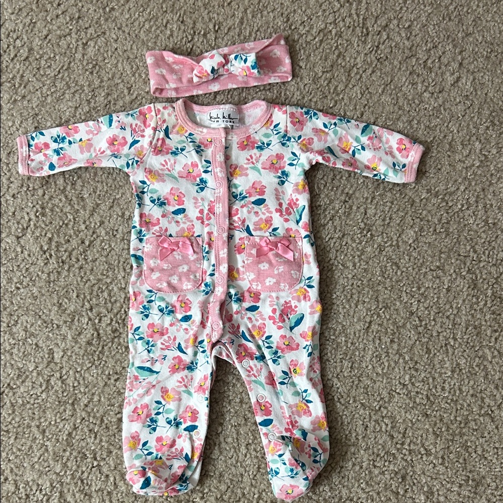 Pink Floral Baby One-Piece with Headband Nicole Miller (0-3 months)